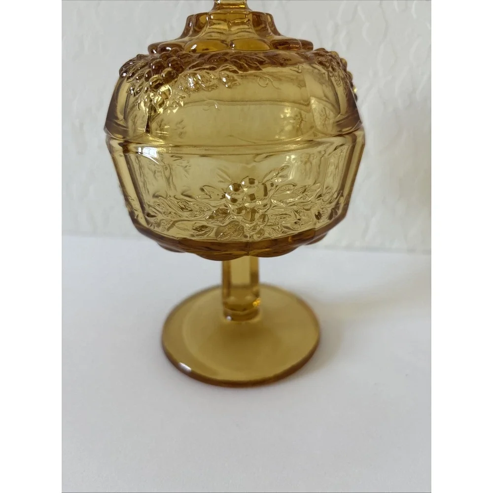 Vintage Amber Glass Candy Dish With Lid Pedestal